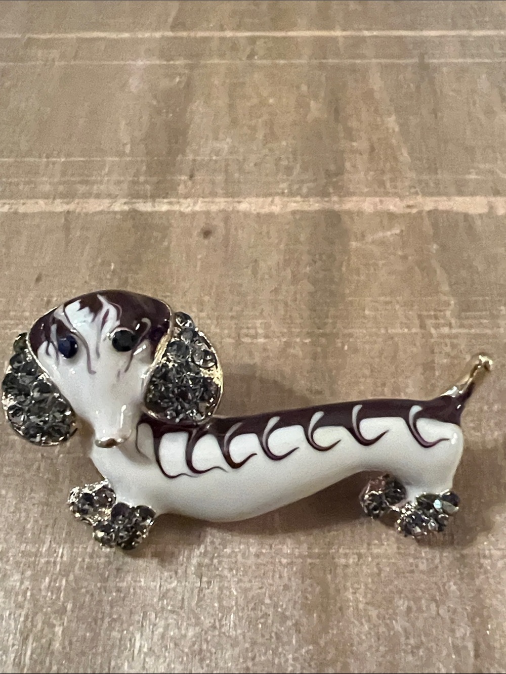 3/$18 Dachshund Enamel Brooch in White and Dark Brown with Rhinestones Lot 420